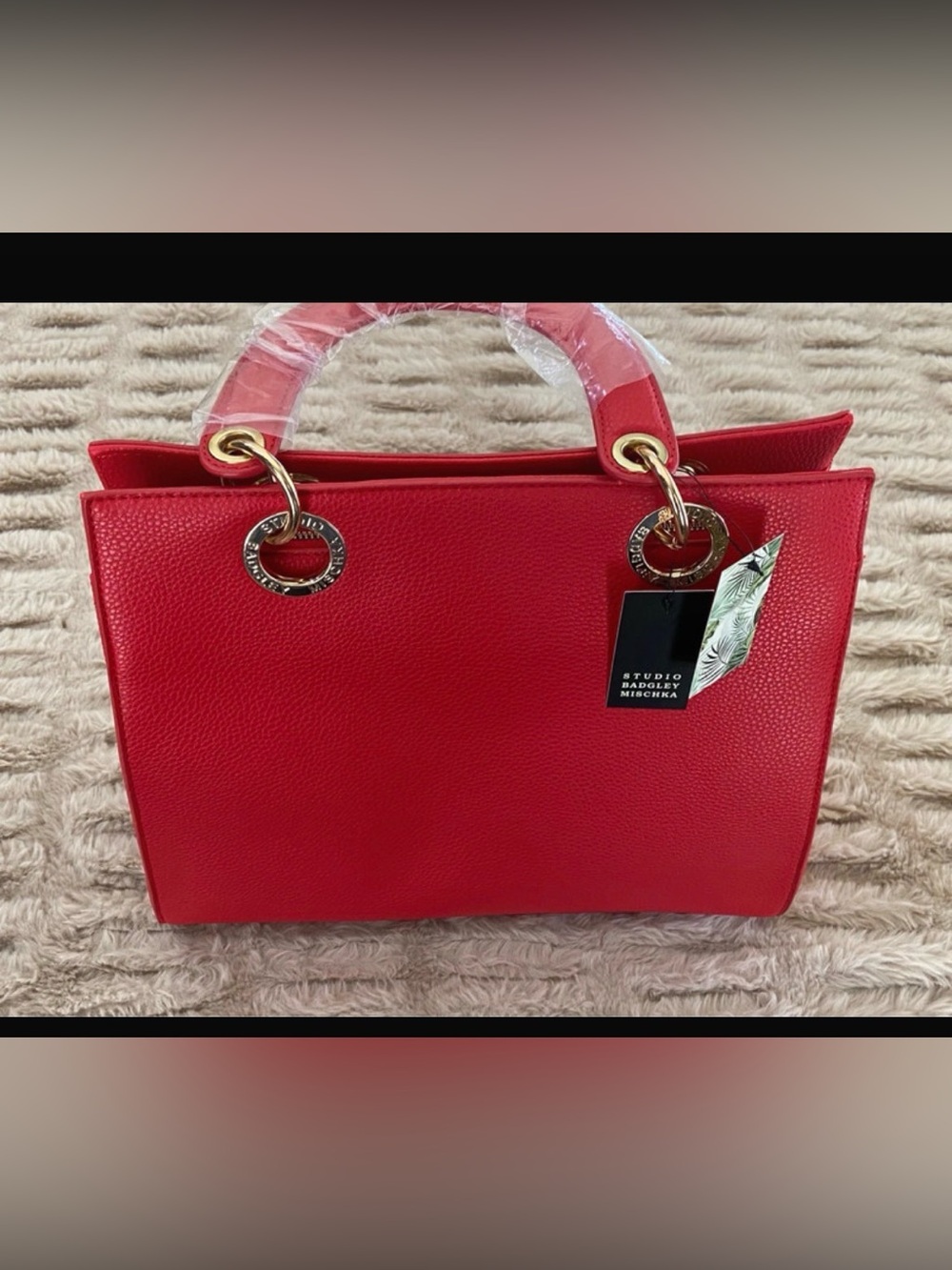 Badgley Mischka Red Pebbled Leather Satchel with Gold Hardware